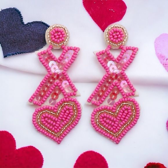 Fourty Dreams Boutique Jewelry - New beaded pink Valentines Day XO earrings